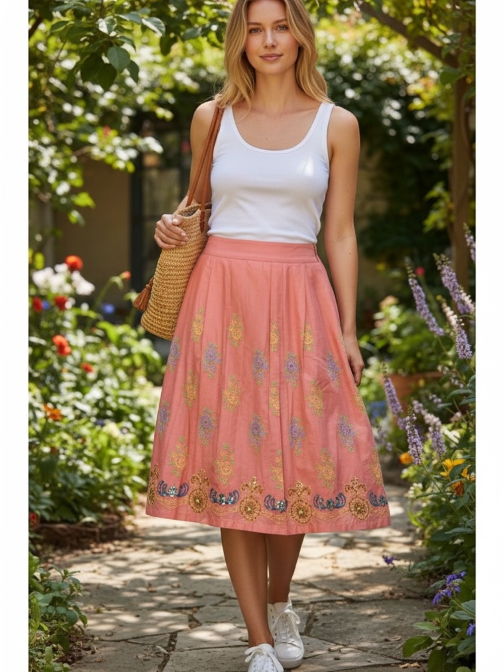 New Lapis Vintage Y2K pink pleated skirt beaded embroidered sequins Medium